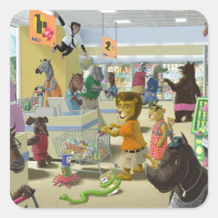 Adesivo Quadrado animais que fazem sua compra em um supermercado