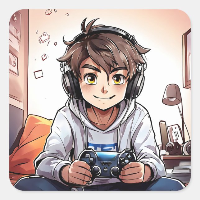 Adesivo Quadrado Anime Boy tocando Videos games (Frente)