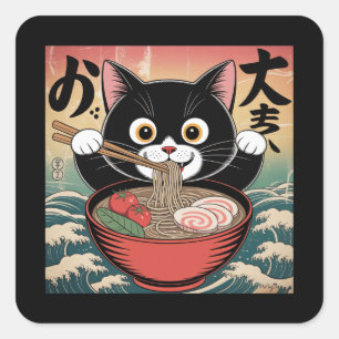 Adesivo Quadrado Anime Cat Comendo Ramen Engraçado Estilo Retroativ