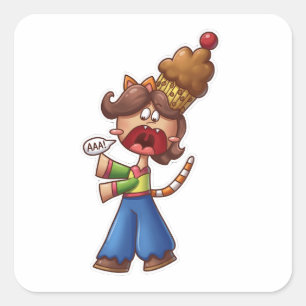 Adesivo Quadrado Anime Chibi Garota Gato Gritando com Cupcake