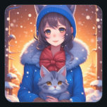 Adesivo Quadrado Anime Girl e Kitten Winter Christmas<br><div class="desc">Menina de anime bonita com um gatinho de cinza brincando e um vinheta de Natal de inverno nevado.</div>