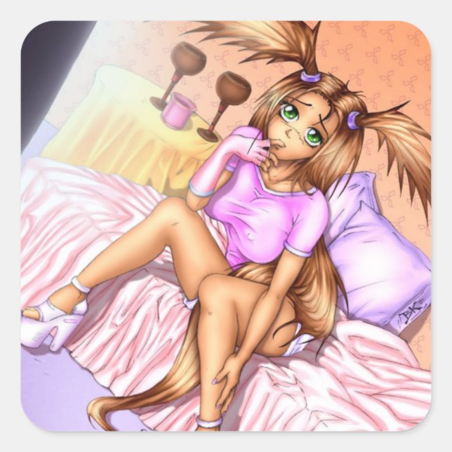 Adesivo Quadrado Anime Girl Nikki na cama (Frente)
