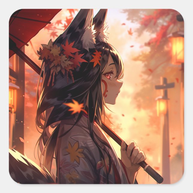 Adesivo Quadrado Anime Kitsune Girl Cute Fox Fantasy Art (Frente)