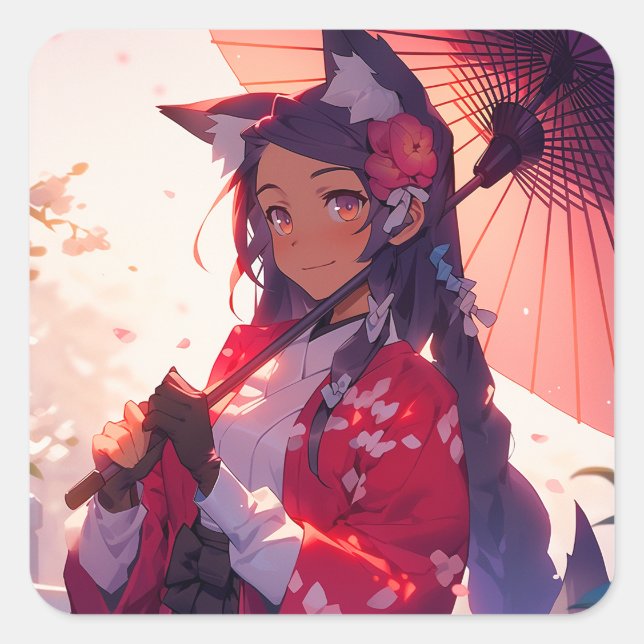 Adesivo Quadrado Anime Kitsune Girl Cute Fox Fantasy Art (Frente)