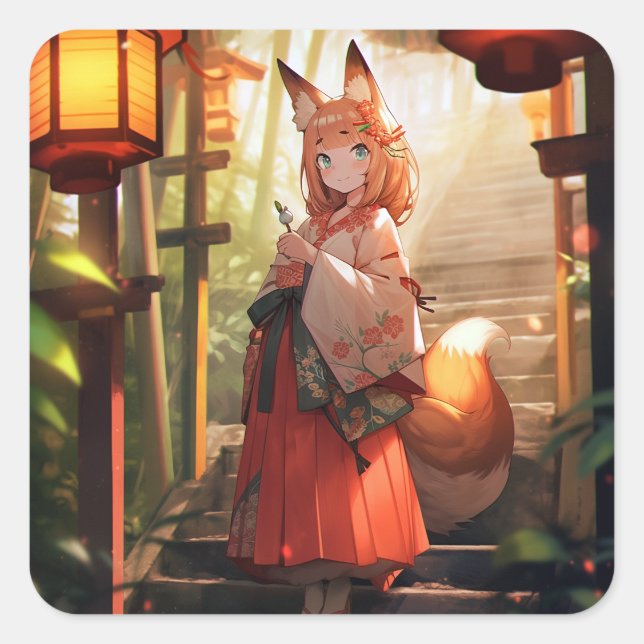 Adesivo Quadrado Anime Kitsune Girl Cute Fox Fantasy Art (Frente)