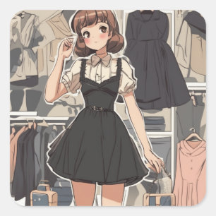 Adesivo Quadrado Anime Nostálgico Casal de Vestido Negro Pequeno