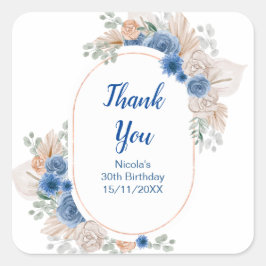 Adesivo Quadrado Aniversário com Grama de Pampas Azul Boho