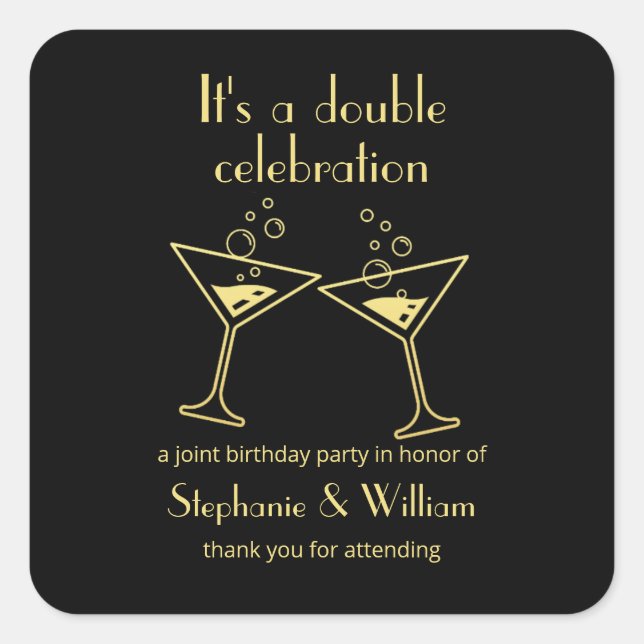 Adesivo Quadrado Aniversário comum de dupla celebração em preto mod (Frente)