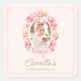 Adesivo Quadrado Aniversário da Elegant Pink Floral Girl