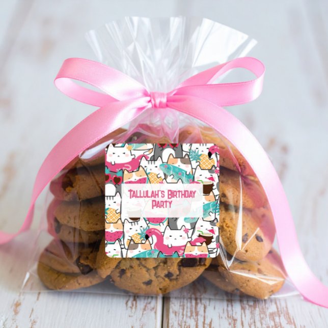 Adesivo Quadrado Aniversário da Festa de Piscina de Gatos Kawaii Ro (Criador carregado)