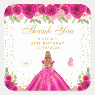 Adesivo Quadrado Aniversário da Princesa de Cabelo Loiro Floral Ros