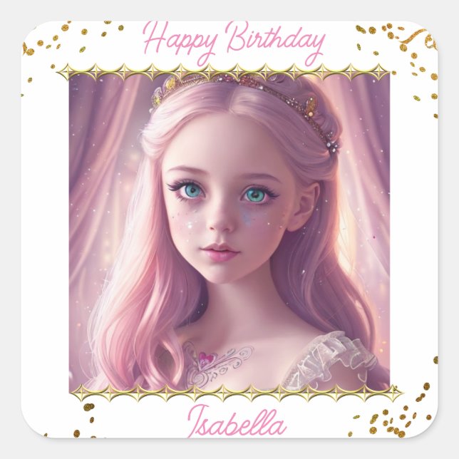 Adesivo Quadrado Aniversário da Princesa Pequena Personalizada (Frente)