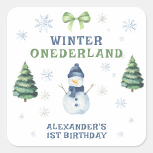 Adesivo Quadrado Aniversário de 1 ano do Boneco de Neve Onederland
