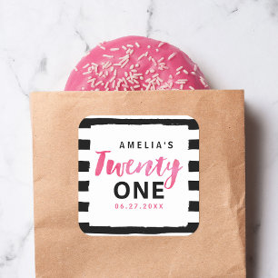 Adesivo Quadrado Aniversário de 21 anos rosa-preto-e-branco