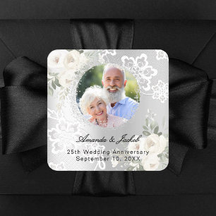 Adesivo Quadrado Aniversário de 25 anos de casamento flores fotográ