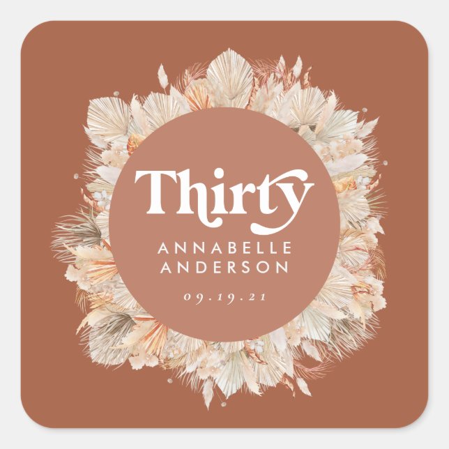 Adesivo Quadrado Aniversário de 30 anos de erva-de-pampas moderna (Frente)