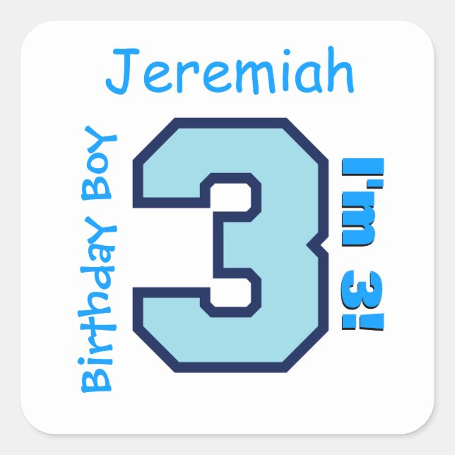 Adesivo Quadrado aniversário de 3 anos Blue de três anos Personaliz (Frente)