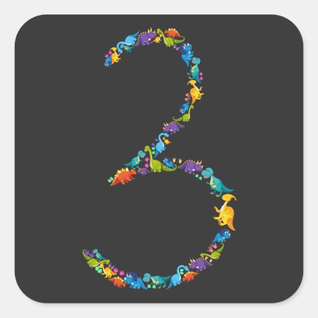 Adesivo Quadrado Aniversário de 3 anos De Dinossauro Para 3 Anos (Frente)