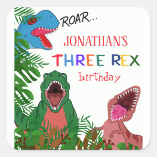 Adesivo Quadrado Aniversário de 3 anos do Three Rex Dinossauro Infa