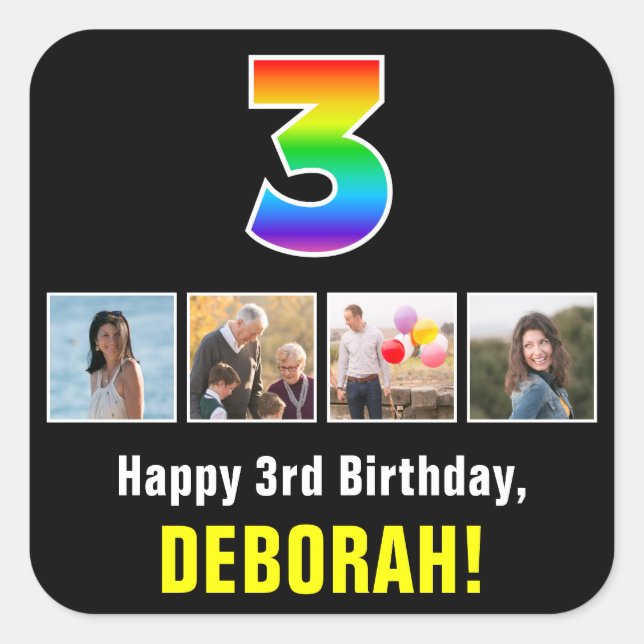 Adesivo Quadrado aniversário de 3 anos: Rainbow "3"; Fotografias e  (Frente)