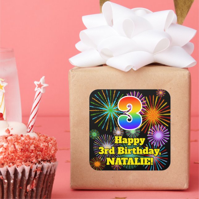 Adesivo Quadrado aniversário de 3 anos: Vista de fogos de artifício (Festa)