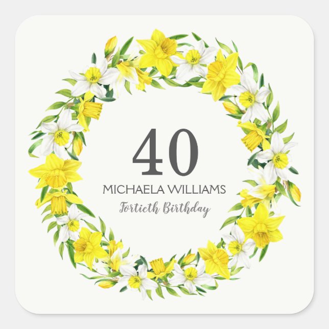 Adesivo Quadrado Aniversário de 40 anos de Wreath White Daffodils A (Frente)