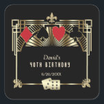 Adesivo Quadrado Aniversário de 40 anos do Vegas Casino Royale Grea<br><div class="desc">QUALQUER IDADE! Design de cartão vintage real, tema Great Gatsby e Casino. Apresenta um estilo Art Déco antigo de Hollywood dos anos 1920, forma de Great Gatsby, falso ouro realzado com flor-de-lis, fontes vintage, um par de dados, bem como naipes de cartas com bordas douradas. Use a ferramenta Personalizar para...</div>