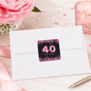 Adesivo Quadrado Aniversário de 40 anos Preto Rosa Chic Brilho Fals