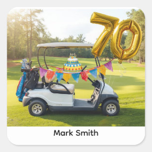 Adesivo Quadrado Aniversário de 70 anos de golfe com carrinho de go