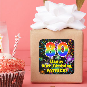 Adesivo Quadrado Aniversário de 80: Fogos de artifício divertidos