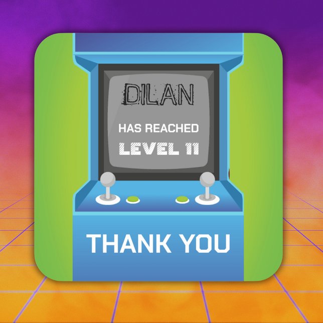 Adesivo Quadrado Aniversário de Arcade, convite de aniversário de j (Criador carregado)