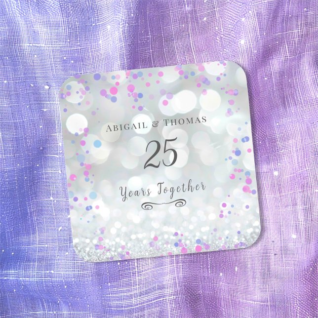 Adesivo Quadrado Aniversário de Casamento de 25 Silver (25th Silver Wedding Anniversary (bokeh) sticker)