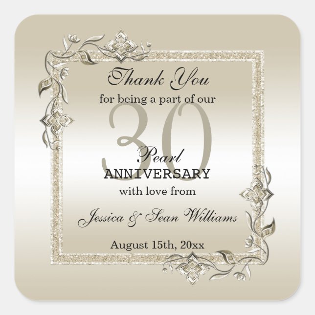 Adesivo Quadrado Aniversário de Casamento de 30 Pearl Gem & Glitter (Frente)