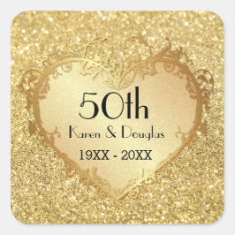 Adesivo Quadrado Aniversário de Casamento do Sparkle Dourado Heart 