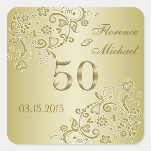 Adesivo Quadrado Aniversário de casamento floral dourado dos