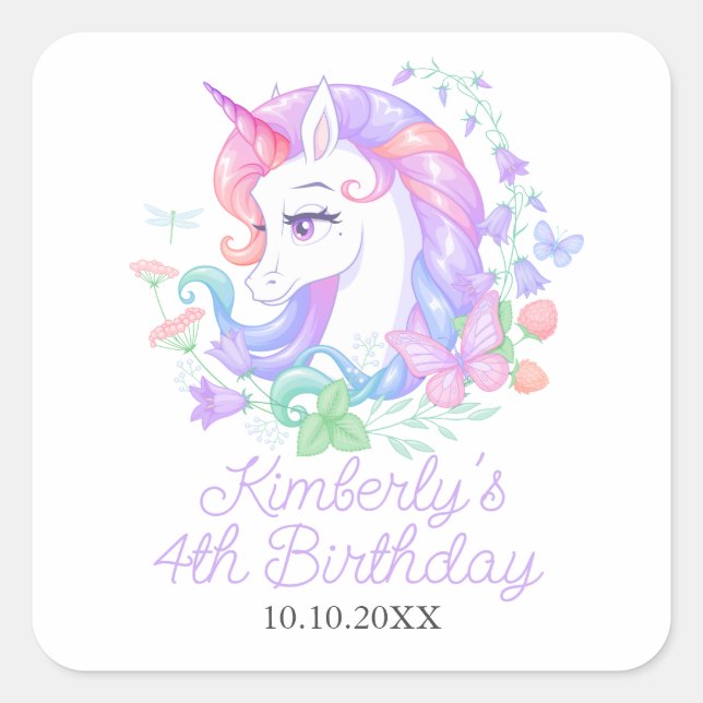 Adesivo Quadrado Aniversário de criança Bonito Unicorn All Ages (Frente)