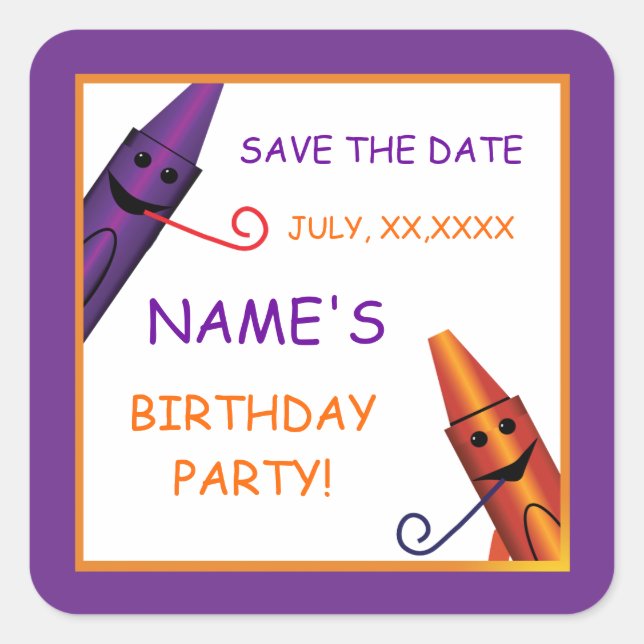Adesivo Quadrado Aniversário de criança Crayon Party Save the Date  (Frente)