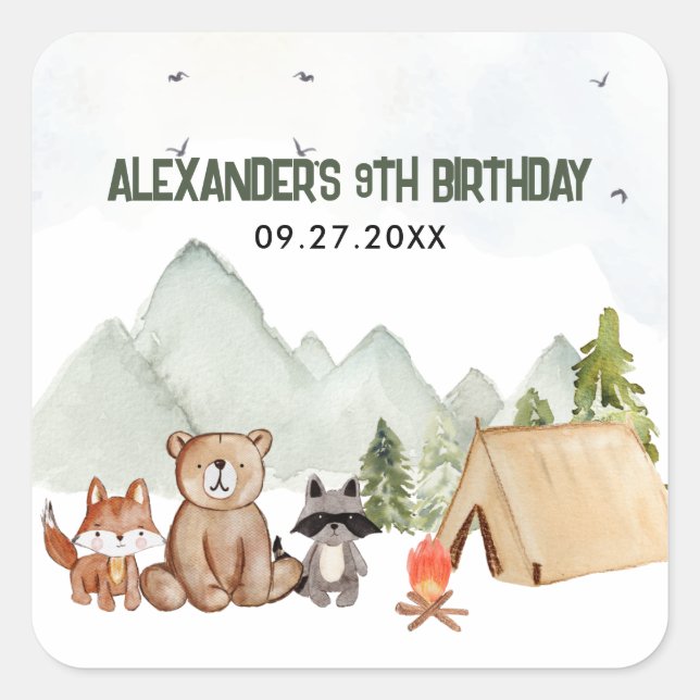 Adesivo Quadrado Aniversário de criança de acampamento Feliz da Flo (Frente)