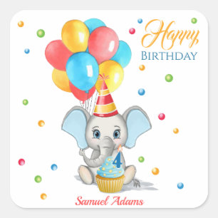 Adesivo Quadrado Aniversário de criança de Cartoon Elefante Color