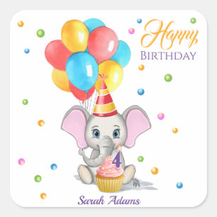 Adesivo Quadrado Aniversário de criança de Cartoon Elefante Colorid