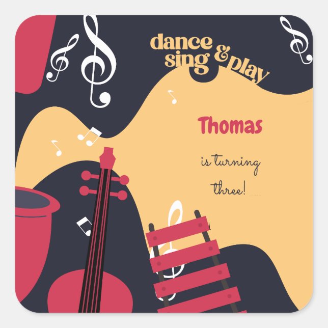 Adesivo Quadrado Aniversário de criança de dança e jogo (Frente)