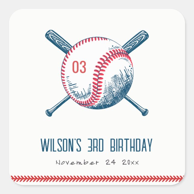 Adesivo Quadrado Aniversário de criança de estrela de beisebol verm (Frente)
