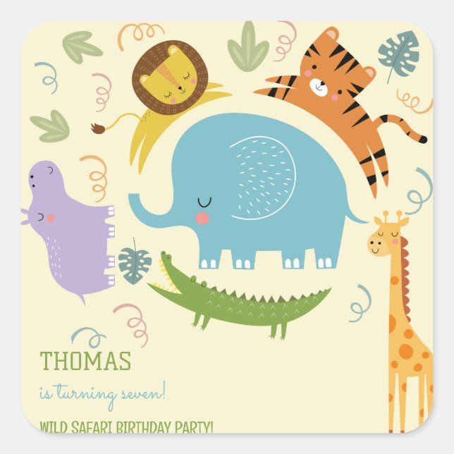 Adesivo Quadrado Aniversário de criança de safari selvagem (Frente)