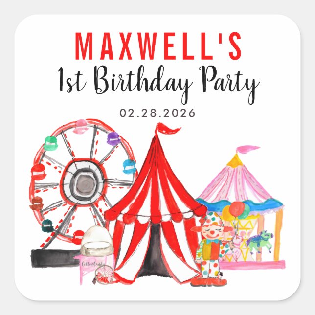 Adesivo Quadrado Aniversário de criança do Festival do Circo de Div (Frente)
