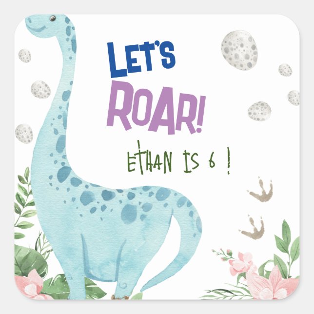 Adesivo Quadrado aniversário de criança do vamos de carruagem Dino (Frente)