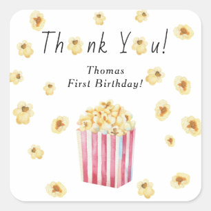 Adesivo Quadrado Aniversário de criança Popcorn Obrigado