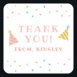 Adesivo Quadrado Aniversário de criança Sprinkles - Obrigado<br><div class="desc">Um obrigado festivo de aniversário de criança você favorece adesivo com aspersão arco-íris e chapéus de festas feitos à mão.</div>