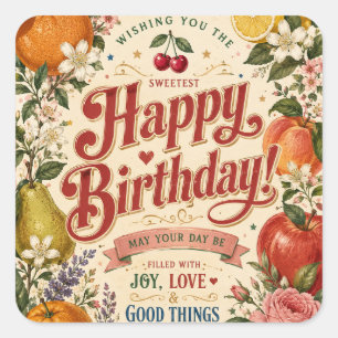 Adesivo Quadrado Aniversário de Frutas Retrô, Saudação Floral Color