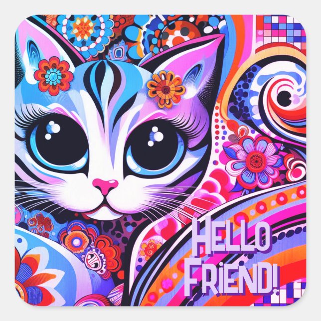 Adesivo Quadrado Aniversário de Gatinho Gatinho Abstrato de Arte Po (Frente)