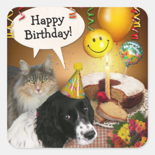 Adesivo Quadrado Aniversário de Gato e Cão (personalizável)